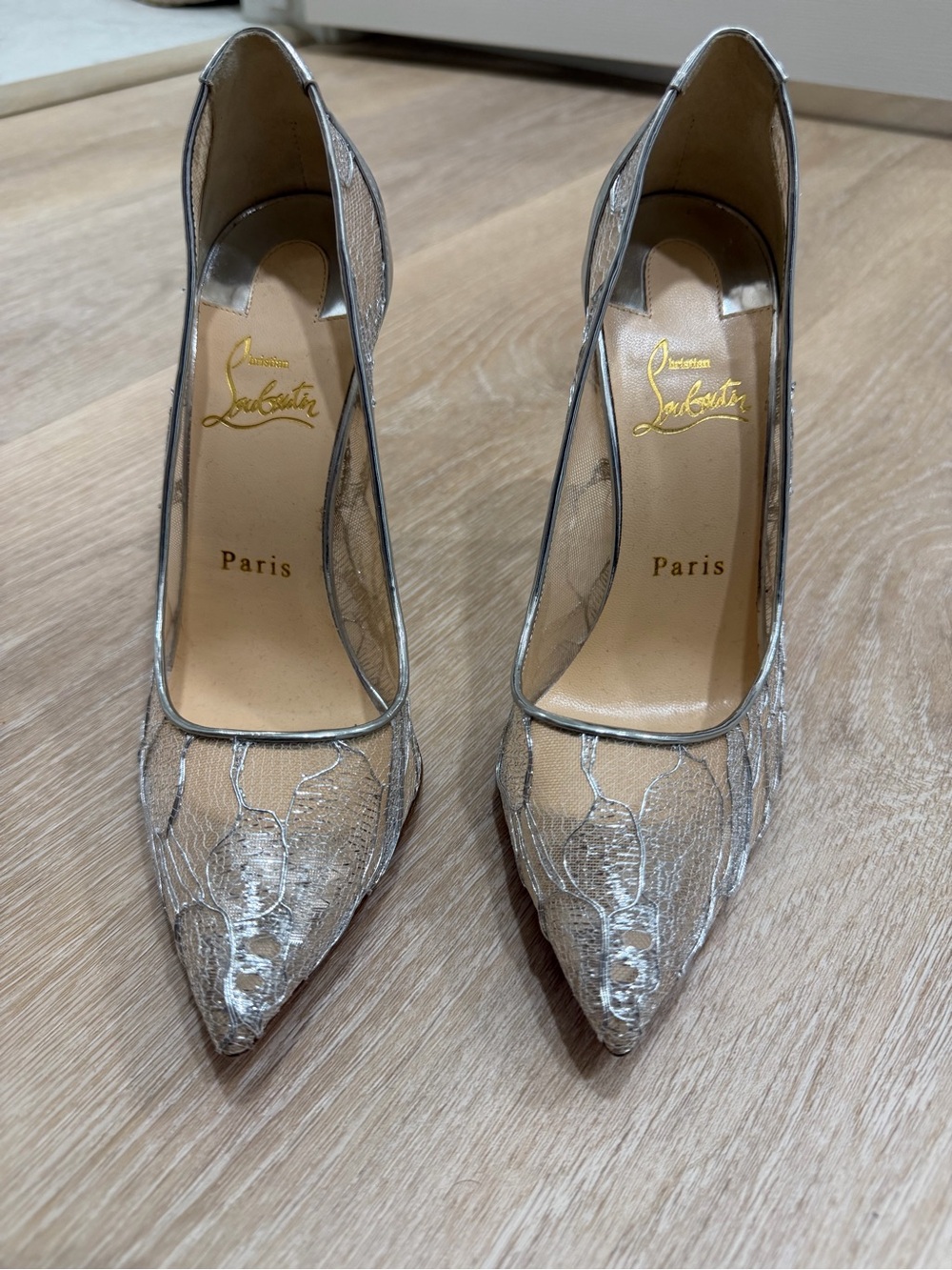 Christian Louboutin Pigalle Silver Lace Pointed-Toe  Pumps